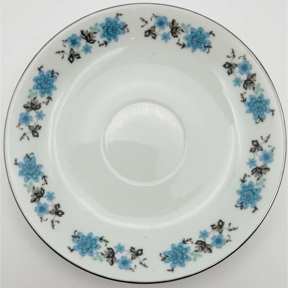 Vintage China Teacup Saucer Blue Silver Floral Porcelain Cottagecore Tea Set
